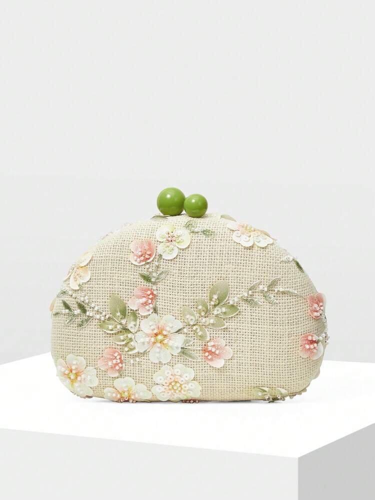 FLORAL PATCHED KISS LOCK CLUTCH BAG