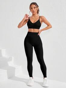 Gameset SHEIN Sport 1 Set Women's Solid Color Seamless Sports Tank Top And Leggings Yoga Outfit Women S Athletic Sets Workout Clothes Women Workout Gear Women Women Clothing Athletic - Black - View 4