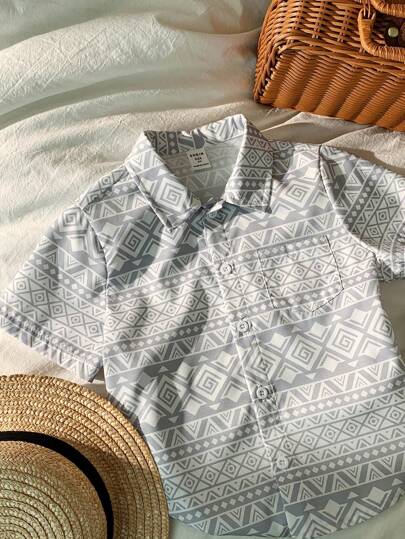 儿童/青少年男童休闲印花领扣宽松梭织衬衫，适合通勤、上学、日常、旅行、运动，适合春夏季