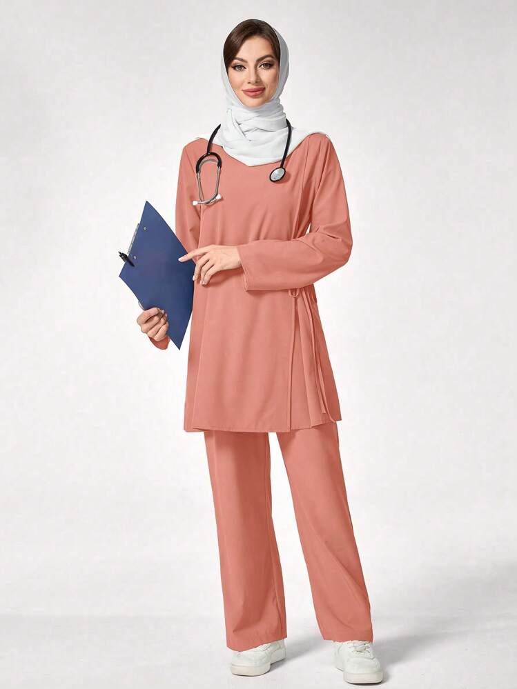TaskEZ 简约纯色裹身领带上衣和裤子/护理服套装 - 珊瑚橙 - 查看 3