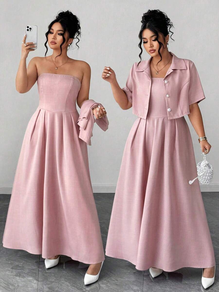 Elenzga Plus Size Elegant Women's Light Pink 2-Piece Set: Short Sleeve Jacket & Maxi Dress, Summer Tea Party Artistic Style Noble Outfit For Parties, Dates - Pink - View 1
