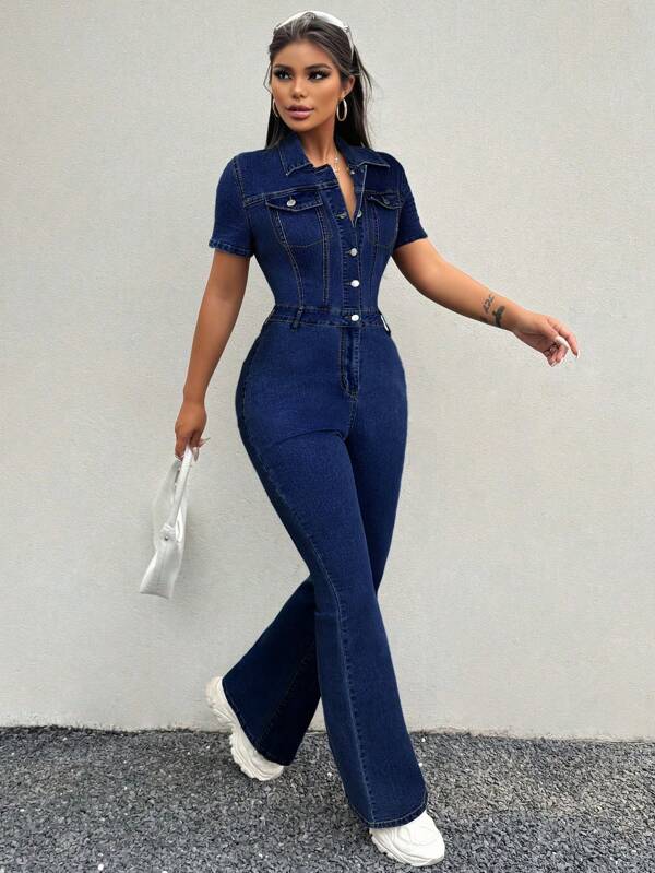 SHEIN SXY Salopetă din denim elastic, cu mâneci scurte, negru