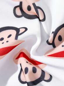 Paul Frank X SHEIN Traje de baño de una pieza con estampado de monos y lazo decorativo, adecuado para vacaciones de verano para niñas jóvenes - Multicolor - Ver 5