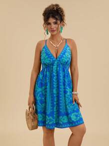 Travachic 细肩带印花连衣裙，夏季时尚热带花卉吊带裙露肩连衣裙沙滩装热带度假女士服装度假太阳裙