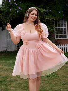 Lyrianda Plus Size Spring/Summer Romantic Vacation 3D Floral Puff Sleeve Dress