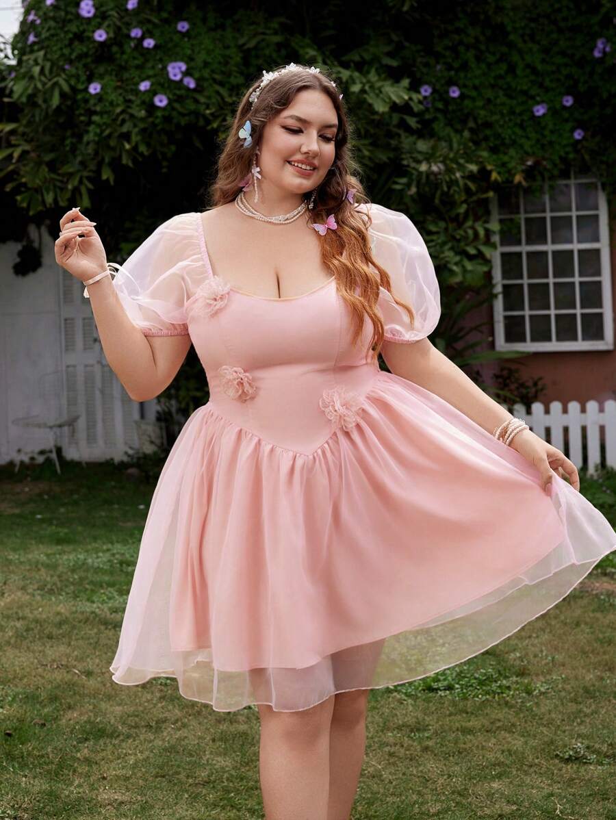 Lyrianda Plus Size Spring/Summer Romantic Vacation 3D Floral Puff Sleeve Dress