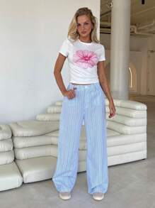 Roylia Pantalones rectos casuales con bolsillo y estampado a rayas