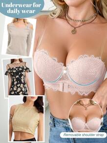 1pc Lace Patchwork Strapless Push Up Bra, Anti-Slip & Anti-Drop, Small Bust Enhancing, Underwire, Comes With Invisible Shoulder Straps - Pink - View 7