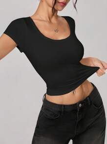 SHEIN PETITE Women's Casual Simple Round Neck Cap Sleeve Fitted Crop T-Shirt Top, Black, Suitable For Summer Suitable For Going Out - Black - View 2