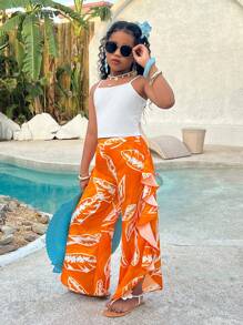 Tween Girl Spring & Summer Casual Tropical Plant Orange Print Ruffle Hem Super Wide Leg Pants , Mommy And Me Matching Outfits(2 Sets Are Sold Separately)