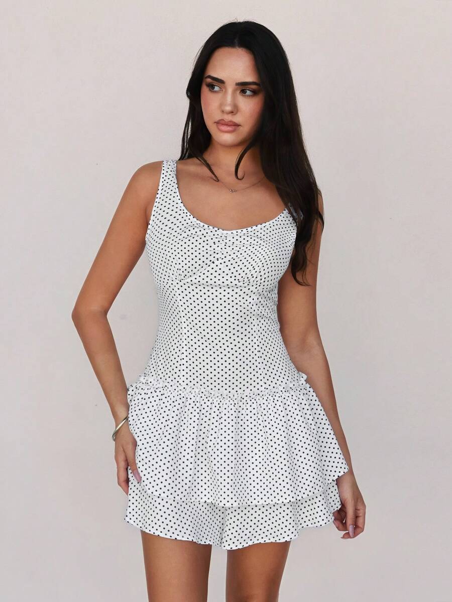Roylia Fashionable Polka Dot Print Ruffle Hem Slim Fit Jumpsuit - White - View 1
