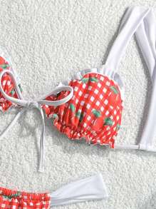 SHEIN Swim 2pcs Women Printed Ruffled Trim Wide Strap Top And Swimshorts Sexy Bikini Set For Summer Beach Vacation - Multicolor - View 3