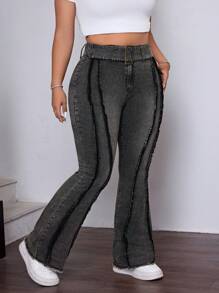 SHEIN ICON Plus Size Women Retro Avant-Garde Street Vintage Washed Elastic Denim Jeans - Black - View 5
