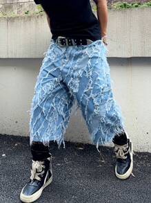 Manfinity EMRG 男士夏季休闲磨边阔腿牛仔短裤外出都市休闲度假街头潮流 emo 风格 - 淺色水洗藍 - 查看 4