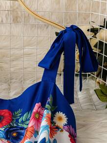 DreamSkyne Vestito midi in stile boho da donna con taglio spalle scoperte, stampa digitale, laccio in vita, vestibilità slim, adatto per vacanze, primavera/estate, taglie forti - Blu - Visualizzare 5