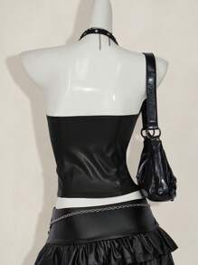 SHEIN ICON 女士纯色简约细肩带露背 PU 皮革 Y2K 短款上衣，酒红色，适合节日、派对、新年和休闲穿着 - 黑色 - 查看 2