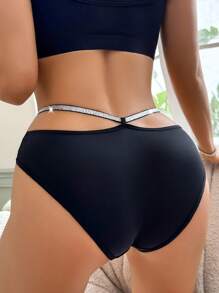 SHEIN Stretchy Elastic Metallic Threading Alluring Women Briefs - Black - View 2