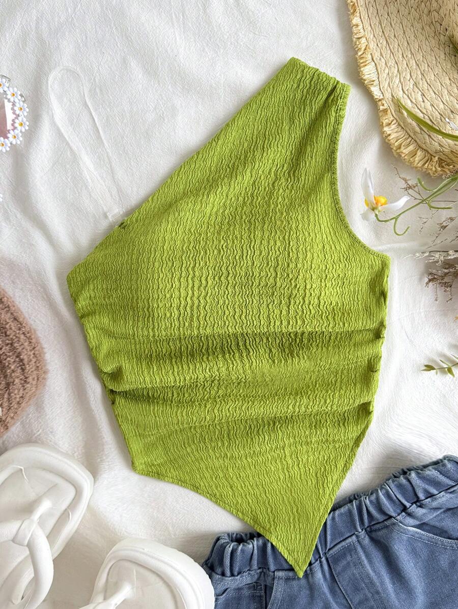 Áo ba lỗ dệt kim họa tiết viền bất đối xứng màu xanh lá cây trơn cho bé gái tuổi mới lớn - màu xanh lá - Xem 1