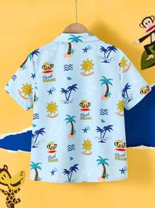 Paul Frank X SHEIN Camisa polo casual de manga curta com estampa de desenho animado para meninos adolescentes, praia, azul-marinho, resort, verão - Verde-azulado - Ver 2