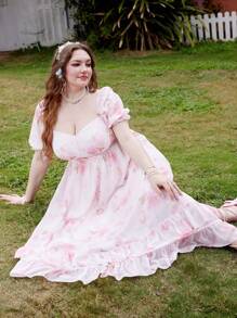 Lyrianda 大码女式花卉印花荷叶边袖雪纺优雅连衣裙