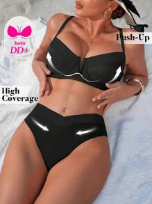 Swim DD+ DD Cup Women's Swimsuit, Spaghetti Strap V-Neck Push-Up Gather High Cut Swim Bottom, 2 Pieces Swimwear Set For Beach & Holiday For Summer Beach Vacation - Black - View 6