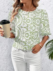 SHEIN Clasi 女士印花泡泡袖衬衫 - 綠色 - 查看 4