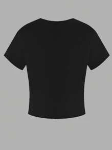 Tween Girl Fashionable Pink Bow Print Black Crew Neck Crop Top, Summer - Black - View 2