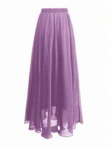 SHEIN LUNE Plus Size Summer Fashion Solid Elastic Waist Chiffon Skirt, For Thanksgiving Maxi Skirt - Purple - View 2