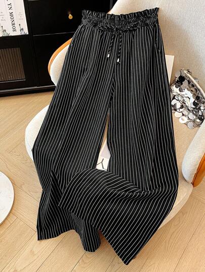 Franclia Women's Casual Linen Blend Striped Decorated Waist Wide Leg Trousers, Spring/Summer Fall Cloth For Women