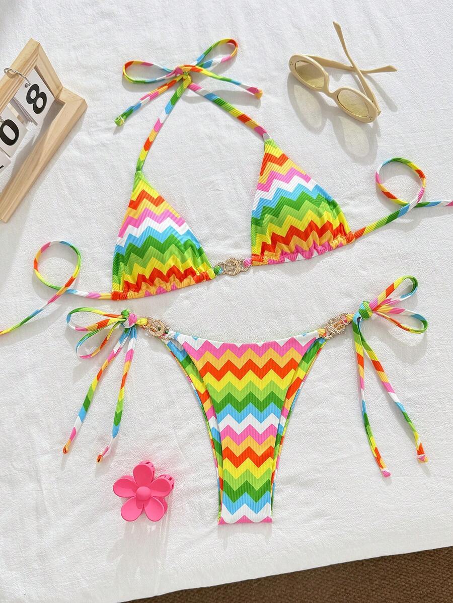 Swim Mod 2 pièces/set Ensemble de bikini avec Top à lacets et bas triangle à imprimé aléatoire de rayures pour femmes, tenue d'été et de plage