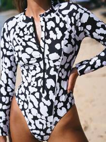 Swim SPRTY Women's Summer Vacation Beach Long Sleeve Leopard Print Rash Guard - Black and White - View 6