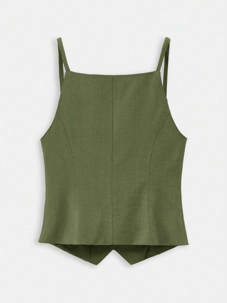 SHEIN Maija Spring/Summer New Mustard Green Front Open Single-Breasted Mushroom Button Waist Cinched Women's Suit Jumpsuit, Elegant For Commuting