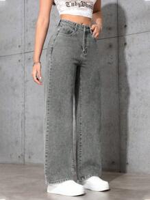 SHEIN Casual Relaxed Straight Leg Washed Denim Jeans - Light Grey - View 4