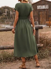 SHEIN PETITE Women's Bohemian Beach Cover-Up Dress With Criss-Cross Shirred, Twist Waist, Ruffled Hemline, And Dolman Sleeves For Spring/Summer Vacation - Army Green - View 2