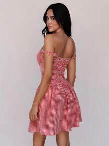 Roylia Vestido corto de mujer con estampado a cuadros, de corte ajustado y hombros descubiertos, con cintura envuelta, en estilo vintage francés, para el verano - Rojo - Ver 2