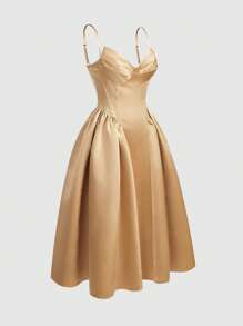 Poshira Women Elegant Solid Color Cinched Waist Spaghetti Strap Party Dress, Prom Dress - Khaki - View 4