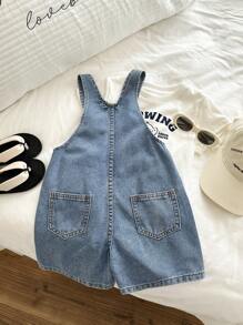 SHEIN 男童蓝色合身牛仔背带短裤