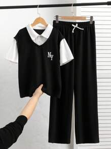 2pcs/Set Teen Boy Classic Black & White Color Teens Boys 2 In 1 White Shirt Vest Tee + Elastic Waist Casual Pants Outfit