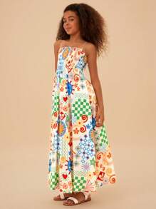 SHEIN Vestido informal con tirantes de espagueti con estampado floral pequeño para niña preadolescente de vacaciones en la playa, conjunto a juego de mamá e hija (se venden 3 piezas por separado)
