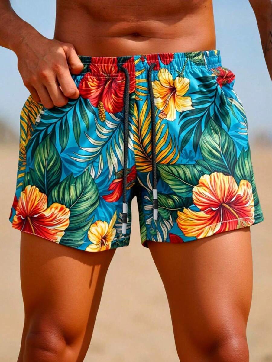 Manfinity Swimmode Men's Tropical Plant Print Drawstring Waist Pocket Beach Shorts Men Swim Trunks, Hawaiian - Multicolor - View 1