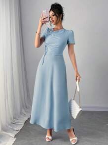 Chiquease Oblique Neck Pleated Drawstring Short Sleeve Long Woman's Dress - Baby Blue - View 1