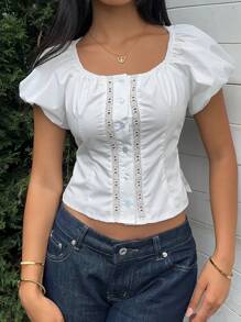 SHEIN EZwear Women's Solid Color Lace Patchwork Round Neck Short Sleeve Blouse - White - View 1