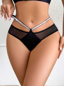SHEIN Stretchy Elastic Metallic Threading Alluring Women Briefs - Black - View 1