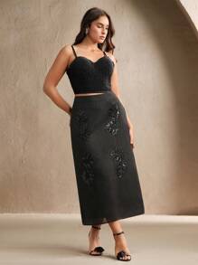 Anewsta Plus Size Women's Floral Embroidered Solid Color Elegant Summer Skirt - Black - View 5