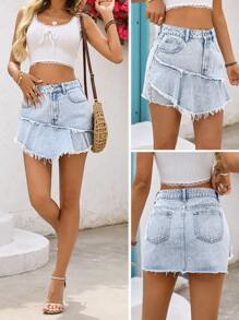 Breezaya Women's Summer Casual Washed Frayed Hem Denim Mini Skirt - Light Wash - View 1