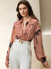 Anewsta Women's Botanical Print Single Breasted Long Sleeve Lace Patchwork Shirt - Multicolor - View 6