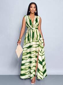 SOLERSUN Women Casual Holiday Deep V Neck Ruched Split Thigh Maxi Dress With Random Floral Print - Green - View 4