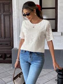 SHEIN Unity Women's Casual Vacation Style Lace Patterned Open Back Blouse, Fitted And Comfortable With Soft Lining, Spring/Summer - Apricot - View 6