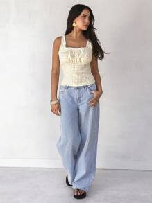 Roylia Women's U-Neck Plaid With Yellow Contrast Ruffle Trim Camisole, Versatile , Square Neck Top - Yellow - View 3