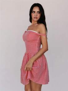 Roylia Vestido corto de mujer con estampado a cuadros, de corte ajustado y hombros descubiertos, con cintura envuelta, en estilo vintage francés, para el verano - Rojo - Ver 3